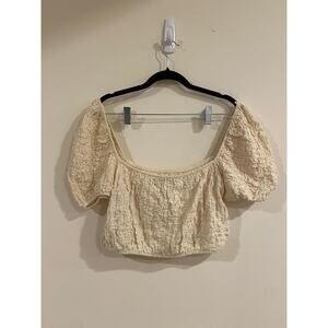 ZARA Women’s M Puff Sleeve Crop Top Cream Off-Shoulder Textured Cotton Blend